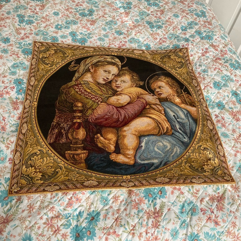 Religious Tapestry Wall Hanging in Gold, Black, Blue